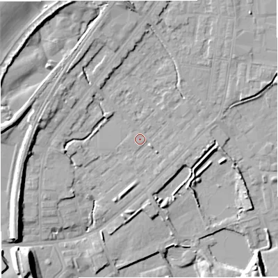 Shaded relief map of the ground around M262RN, computed from Environment Agency LiDAR. The ground here sits at about 70 m above sea level and falls 18 m across the surrounding 800 m. Surface water reaching this point runs off ground lying to the north, 3.6 m higher.