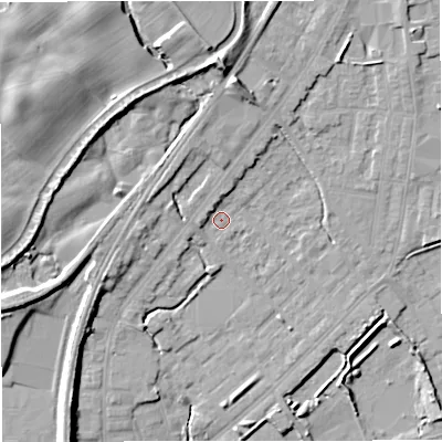 Shaded relief map of the ground around M262RQ, computed from Environment Agency LiDAR. The ground here sits at about 70 m above sea level and falls 17 m across the surrounding 800 m. Surface water reaching this point runs off ground lying to the north, 2.2 m higher.