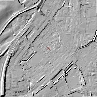 Shaded relief map of the ground around M262RS, computed from Environment Agency LiDAR. The ground here sits at about 70 m above sea level and falls 17 m across the surrounding 800 m. Surface water reaching this point runs off ground lying to the north, 3.6 m higher.