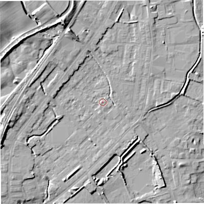 Shaded relief map of the ground around M262RT, computed from Environment Agency LiDAR. The ground here sits at about 70 m above sea level and falls 16 m across the surrounding 800 m. Surface water reaching this point runs off ground lying to the north-north-west, 3.6 m higher.
