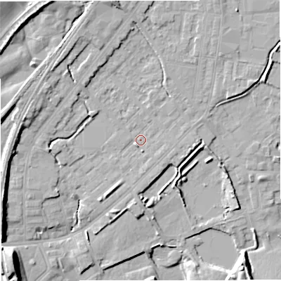 Shaded relief map of the ground around M262RW, computed from Environment Agency LiDAR. The ground here sits at about 69 m above sea level and falls 16 m across the surrounding 800 m. Surface water reaching this point runs off ground lying to the north, 3.6 m higher.