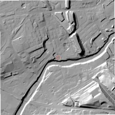 Shaded relief map of the ground around M262SD, computed from Environment Agency LiDAR. The ground here sits at about 64 m above sea level and falls 36 m across the surrounding 800 m. Surface water reaching this point runs off ground lying to the west, 8.2 m higher.