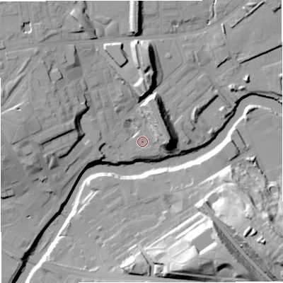 Shaded relief map of the ground around M262SL, computed from Environment Agency LiDAR. The ground here sits at about 64 m above sea level and falls 39 m across the surrounding 800 m. Surface water reaching this point runs off ground lying to the west-north-west, 17.0 m higher.