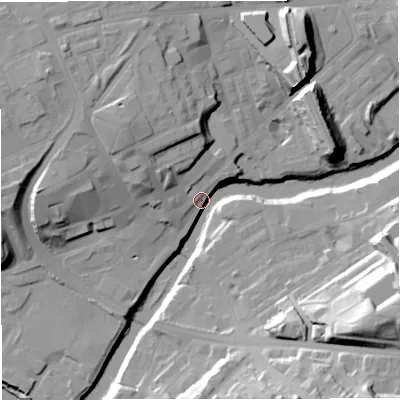 Shaded relief map of the ground around M262SQ, computed from Environment Agency LiDAR. The ground here sits at about 67 m above sea level and falls 33 m across the surrounding 800 m. Surface water reaching this point runs off ground lying to the east-south-east, 31.9 m higher.