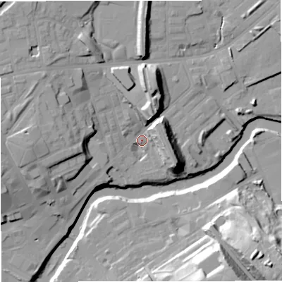 Shaded relief map of the ground around M262SY, computed from Environment Agency LiDAR. The ground here sits at about 65 m above sea level and falls 38 m across the surrounding 800 m. Surface water reaching this point runs off ground lying to the west, 17.0 m higher.