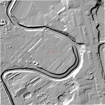 Shaded relief map of the ground around M262TE, computed from Environment Agency LiDAR. The ground here sits at about 69 m above sea level and falls 15 m across the surrounding 800 m. Surface water reaching this point runs off ground lying to the south-south-east, 1.5 m higher.