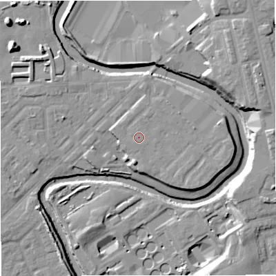 Shaded relief map of the ground around M262TH, computed from Environment Agency LiDAR. The ground here sits at about 69 m above sea level and falls 15 m across the surrounding 800 m. The ground contributing surface water to this point lies to the west-south-west.