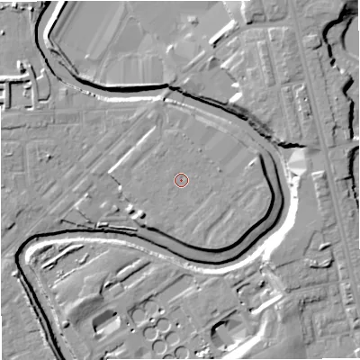 Shaded relief map of the ground around M262TL, computed from Environment Agency LiDAR. The ground here sits at about 69 m above sea level and falls 15 m across the surrounding 800 m. Surface water reaching this point runs off ground lying to the south-east, 1.5 m higher.