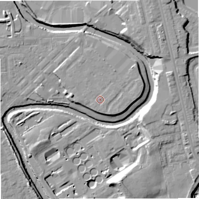 Shaded relief map of the ground around M262TN, computed from Environment Agency LiDAR. The ground here sits at about 69 m above sea level and falls 15 m across the surrounding 800 m. Surface water reaching this point runs off ground lying to the east-south-east, 0.7 m higher.