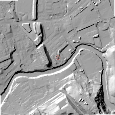 Shaded relief map of the ground around M262TW, computed from Environment Agency LiDAR. The ground here sits at about 66 m above sea level and falls 38 m across the surrounding 800 m. Surface water reaching this point runs off ground lying to the north-north-east, 3.9 m higher.