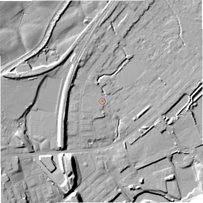 Shaded relief map of the ground around M262UA, computed from Environment Agency LiDAR. The ground here sits at about 69 m above sea level and falls 26 m across the surrounding 800 m. Surface water reaching this point runs off ground lying to the north, 3.0 m higher.
