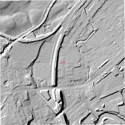Shaded relief map of the ground around M262UG, computed from Environment Agency LiDAR. The ground here sits at about 70 m above sea level and falls 30 m across the surrounding 800 m. Surface water reaching this point runs off ground lying to the north, 5.4 m higher.