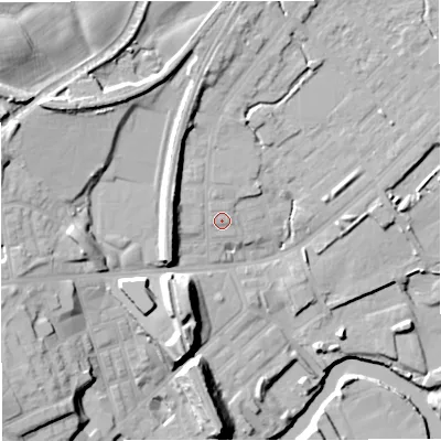 Shaded relief map of the ground around M262UQ, computed from Environment Agency LiDAR. The ground here sits at about 69 m above sea level and falls 25 m across the surrounding 800 m. Surface water reaching this point runs off ground lying to the west-north-west, 7.4 m higher.