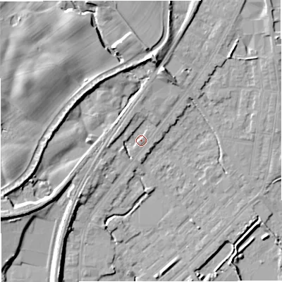 Shaded relief map of the ground around M262UT, computed from Environment Agency LiDAR. The ground here sits at about 72 m above sea level and falls 17 m across the surrounding 800 m. Surface water reaching this point runs off ground lying to the north, 8.2 m higher.