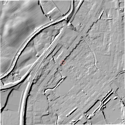 Shaded relief map of the ground around M262UU, computed from Environment Agency LiDAR. The ground here sits at about 71 m above sea level and falls 17 m across the surrounding 800 m. Surface water reaching this point runs off ground lying to the north, 8.2 m higher.