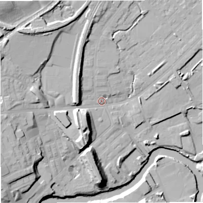 Shaded relief map of the ground around M262UW, computed from Environment Agency LiDAR. The ground here sits at about 67 m above sea level and falls 25 m across the surrounding 800 m. Surface water reaching this point runs off ground lying to the north-west, 13.7 m higher.