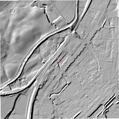 Shaded relief map of the ground around M262UZ, computed from Environment Agency LiDAR. The ground here sits at about 73 m above sea level and falls 18 m across the surrounding 800 m. Surface water reaching this point runs off ground lying to the west-south-west, 3.7 m higher.