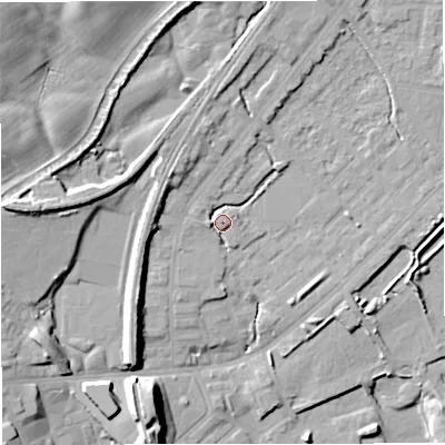Shaded relief map of the ground around M262WB, computed from Environment Agency LiDAR. The ground here sits at about 71 m above sea level and falls 23 m across the surrounding 800 m. Surface water reaching this point runs off ground lying to the north-north-west, 2.4 m higher.