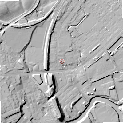 Shaded relief map of the ground around M262WQ, computed from Environment Agency LiDAR. The ground here sits at about 68 m above sea level and falls 25 m across the surrounding 800 m. Surface water reaching this point runs off ground lying to the north-west, 7.6 m higher.