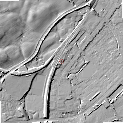 Shaded relief map of the ground around M262WR, computed from Environment Agency LiDAR. The ground here sits at about 73 m above sea level and falls 24 m across the surrounding 800 m. Surface water reaching this point runs off ground lying to the west, 2.6 m higher.