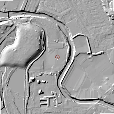 Shaded relief map of the ground around M262WX, computed from Environment Agency LiDAR. The ground here sits at about 68 m above sea level and falls 14 m across the surrounding 800 m. The ground contributing surface water to this point lies to the north.