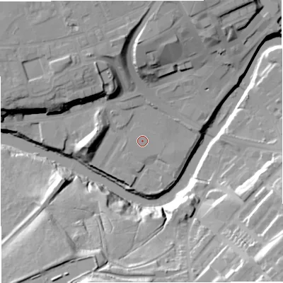 Shaded relief map of the ground around M263DA, computed from Environment Agency LiDAR. The ground here sits at about 64 m above sea level and falls 35 m across the surrounding 800 m. The ground contributing surface water to this point lies to the north-north-east.