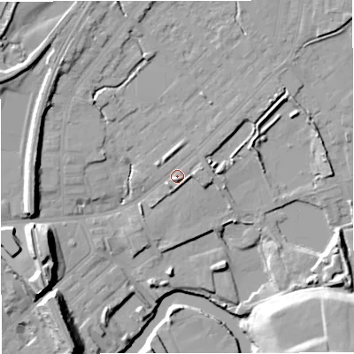 Shaded relief map of the ground around M269GY, computed from Environment Agency LiDAR. The ground here sits at about 69 m above sea level and falls 22 m across the surrounding 800 m. Surface water reaching this point runs off ground lying to the south, 2.1 m higher.