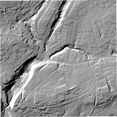 Shaded relief map of the ground around M270EJ, computed from Environment Agency LiDAR. The ground here sits at about 42 m above sea level and falls 25 m across the surrounding 800 m. Surface water reaching this point runs off ground lying to the east-south-east, 6.1 m higher.