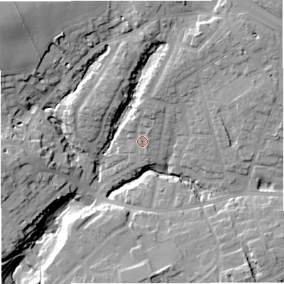 Shaded relief map of the ground around M270HA, computed from Environment Agency LiDAR. The ground here sits at about 44 m above sea level and falls 28 m across the surrounding 800 m. Surface water reaching this point runs off ground lying to the north-north-east, 4.7 m higher.