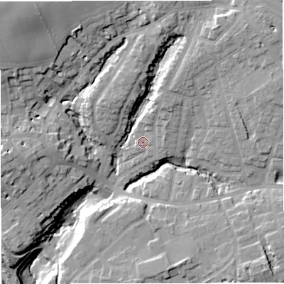 Shaded relief map of the ground around M270HB, computed from Environment Agency LiDAR. The ground here sits at about 43 m above sea level and falls 29 m across the surrounding 800 m. Surface water reaching this point runs off ground lying to the north-north-east, 3.2 m higher.