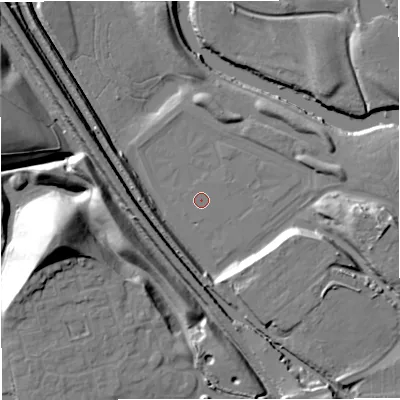 Shaded relief map of the ground around M278FB, computed from Environment Agency LiDAR. The ground here sits at about 35 m above sea level and falls 30 m across the surrounding 800 m. Surface water reaching this point runs off ground lying to the east, 0.9 m higher.