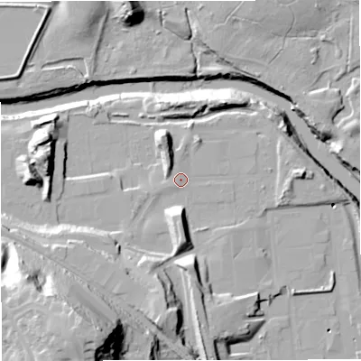Shaded relief map of the ground around M278LU, computed from Environment Agency LiDAR. The ground here sits at about 42 m above sea level and falls 57 m across the surrounding 800 m. Surface water reaching this point runs off ground lying to the south, 14.3 m higher.