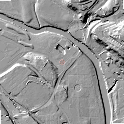 Shaded relief map of the ground around M278SJ, computed from Environment Agency LiDAR. The ground here sits at about 36 m above sea level and falls 40 m across the surrounding 800 m. Surface water reaching this point runs off ground lying to the west, 8.3 m higher.