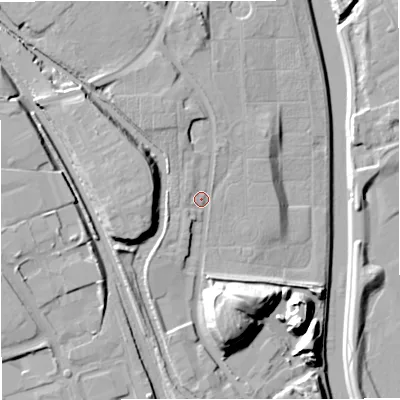 Shaded relief map of the ground around M278SS, computed from Environment Agency LiDAR. The ground here sits at about 39 m above sea level and falls 23 m across the surrounding 800 m. Surface water reaching this point runs off ground lying to the north-west, 5.0 m higher.