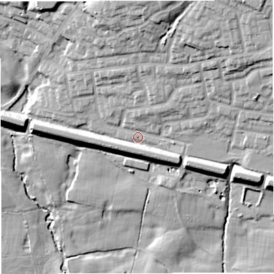Shaded relief map of the ground around M280JF, computed from Environment Agency LiDAR. The ground here sits at about 70 m above sea level and falls 33 m across the surrounding 800 m. Surface water reaching this point runs off ground lying to the north-east, 11.4 m higher.