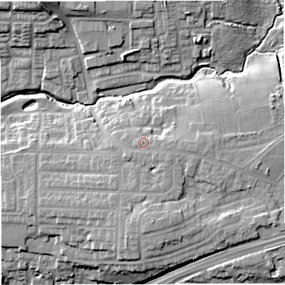 Shaded relief map of the ground around M281AH, computed from Environment Agency LiDAR. The ground here sits at about 50 m above sea level and falls 18 m across the surrounding 800 m. Surface water reaching this point runs off ground lying to the east-south-east, 1.5 m higher.