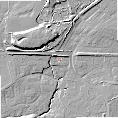 Shaded relief map of the ground around M281EN, computed from Environment Agency LiDAR. The ground here sits at about 52 m above sea level and falls 21 m across the surrounding 800 m. Surface water reaching this point runs off ground lying to the north-west, 6.6 m higher.