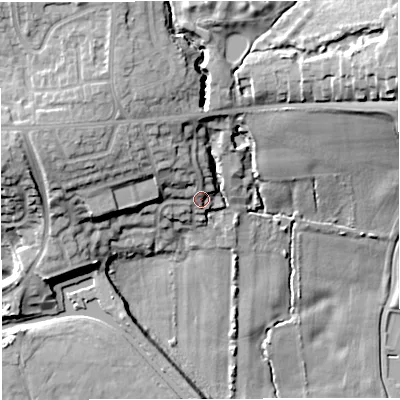 Shaded relief map of the ground around M281FG, computed from Environment Agency LiDAR. The ground here sits at about 34 m above sea level and falls 30 m across the surrounding 800 m. Surface water reaching this point runs off ground lying to the north-north-west, 8.1 m higher.