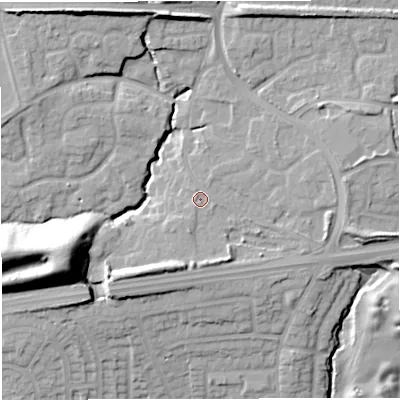 Shaded relief map of the ground around M281FR, computed from Environment Agency LiDAR. The ground here sits at about 51 m above sea level and falls 25 m across the surrounding 800 m. Surface water reaching this point runs off ground lying to the south-west, 5.9 m higher.