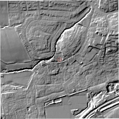 Shaded relief map of the ground around M281HY, computed from Environment Agency LiDAR. The ground here sits at about 25 m above sea level and falls 18 m across the surrounding 800 m. Surface water reaching this point runs off ground lying to the north-east, 13.2 m higher.