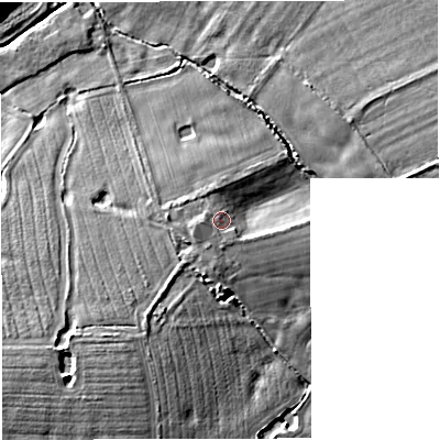 Shaded relief map of the ground around M281JA, computed from Environment Agency LiDAR. The ground here sits at about 23 m above sea level and falls 8 m across the surrounding 800 m. Surface water reaching this point runs off ground lying to the west-south-west, 2.1 m higher.