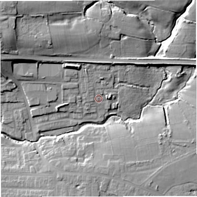 Shaded relief map of the ground around M281NU, computed from Environment Agency LiDAR. The ground here sits at about 47 m above sea level and falls 27 m across the surrounding 800 m. Surface water reaching this point runs off ground lying to the north-north-west, 6.9 m higher.