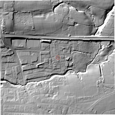 Shaded relief map of the ground around M281NX, computed from Environment Agency LiDAR. The ground here sits at about 47 m above sea level and falls 27 m across the surrounding 800 m. Surface water reaching this point runs off ground lying to the north, 6.3 m higher.