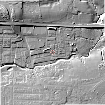 Shaded relief map of the ground around M281PD, computed from Environment Agency LiDAR. The ground here sits at about 46 m above sea level and falls 28 m across the surrounding 800 m. Surface water reaching this point runs off ground lying to the north-west, 4.6 m higher.