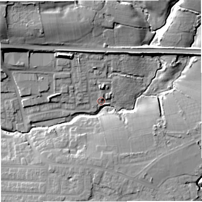 Shaded relief map of the ground around M281PG, computed from Environment Agency LiDAR. The ground here sits at about 45 m above sea level and falls 25 m across the surrounding 800 m. Surface water reaching this point runs off ground lying to the north, 6.9 m higher.
