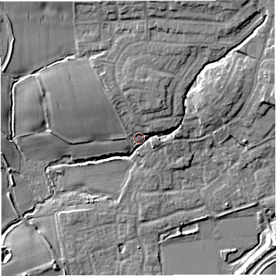 Shaded relief map of the ground around M281SH, computed from Environment Agency LiDAR. The ground here sits at about 26 m above sea level and falls 14 m across the surrounding 800 m. Surface water reaching this point runs off ground lying to the north, 7.6 m higher.