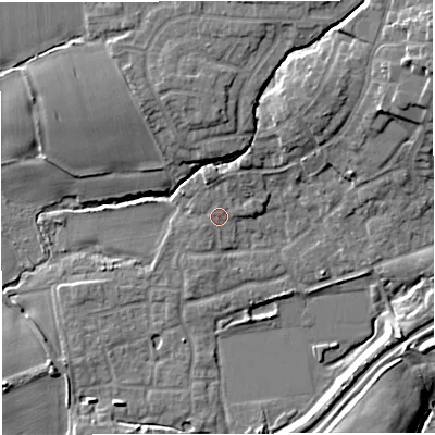 Shaded relief map of the ground around M281YN, computed from Environment Agency LiDAR. The ground here sits at about 24 m above sea level and falls 17 m across the surrounding 800 m. Surface water reaching this point runs off ground lying to the north-north-east, 2.3 m higher.