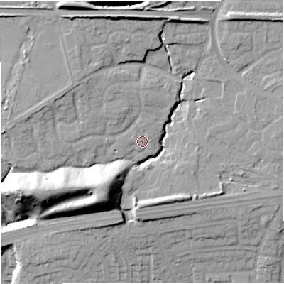 Shaded relief map of the ground around M281YT, computed from Environment Agency LiDAR. The ground here sits at about 50 m above sea level and falls 28 m across the surrounding 800 m. Surface water reaching this point runs off ground lying to the south-west, 19.8 m higher.