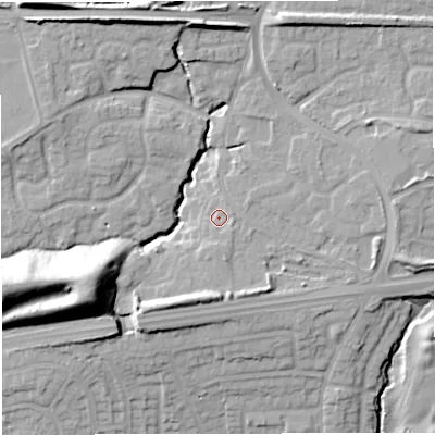 Shaded relief map of the ground around M281ZB, computed from Environment Agency LiDAR. The ground here sits at about 51 m above sea level and falls 25 m across the surrounding 800 m. Surface water reaching this point runs off ground lying to the south-south-west, 6.4 m higher.