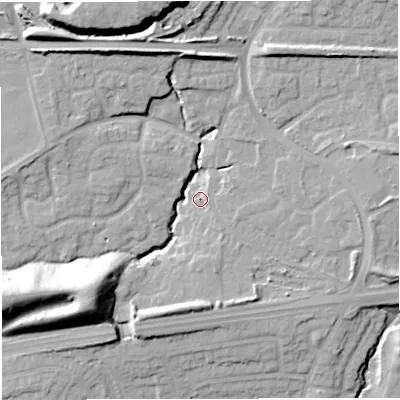 Shaded relief map of the ground around M281ZD, computed from Environment Agency LiDAR. The ground here sits at about 50 m above sea level and falls 24 m across the surrounding 800 m. Surface water reaching this point runs off ground lying to the south-west, 19.8 m higher.